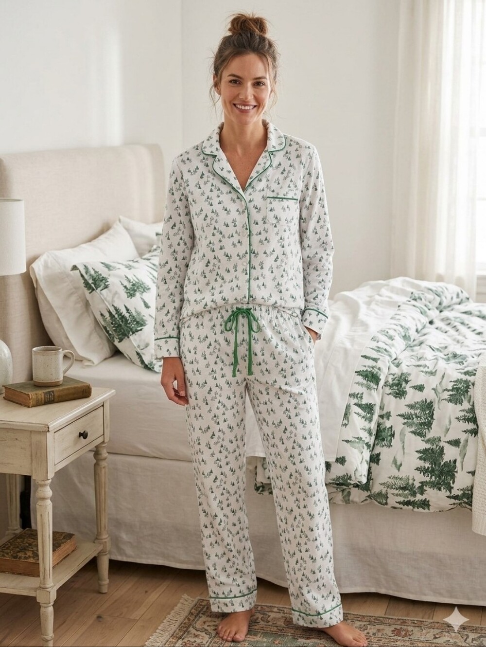 Petite Plume Evergreen Forest Cotton Pajamas Set Green Christmas Tree Medium